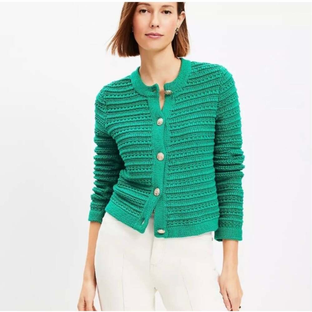 LOFT Textured Knit Cardigan Sweater Green Women's Petite XS Button Front